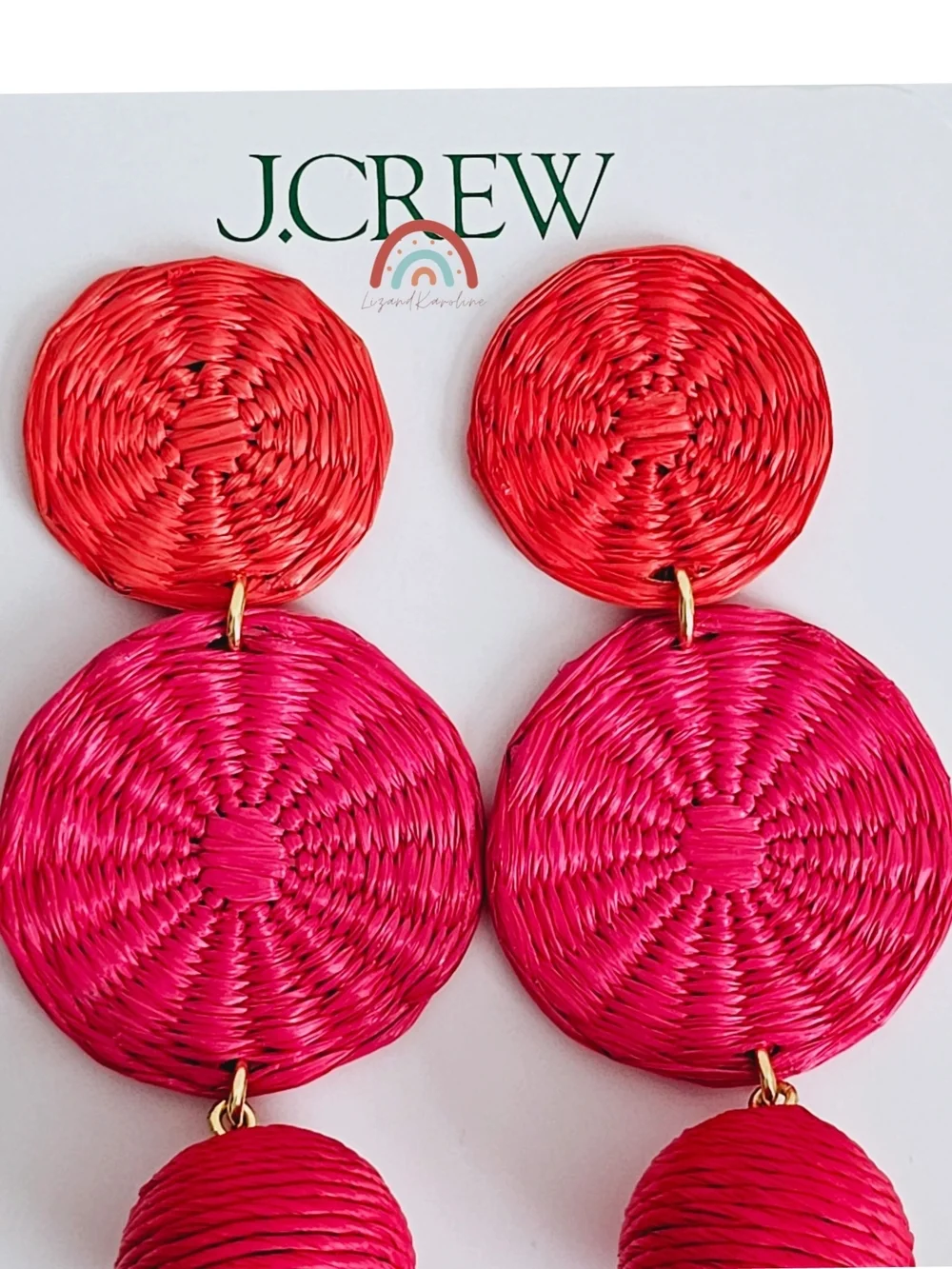 New! J. Crew Raffia Straw Bohemian Tripe Drop Orange Pink Red Earrings